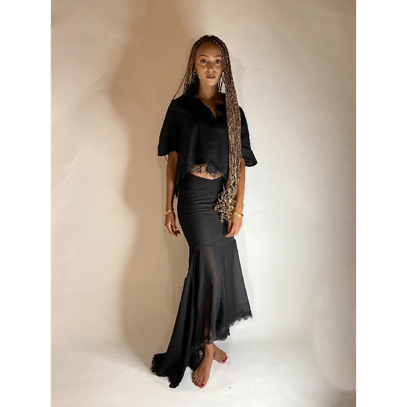 Black Modal V Band Skirt with Sheer Asymmetric Lace Hem zip skirt side