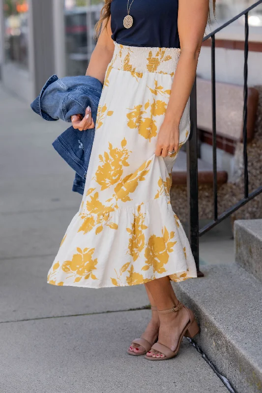 Blossoms Ruffle Bottom Midi Skirt relaxed fit skirt