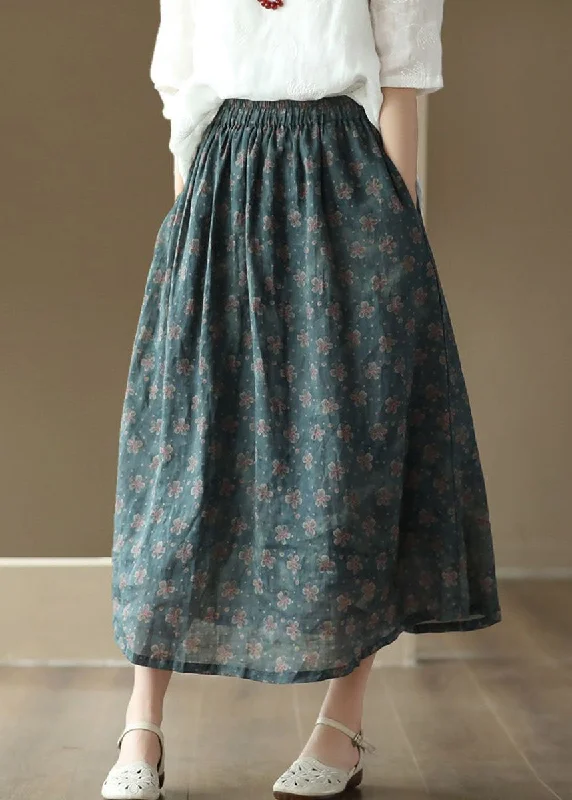 Blue Pockets Print Patchwork Linen Skirts Wrinkled Summer wool skirt sturdy