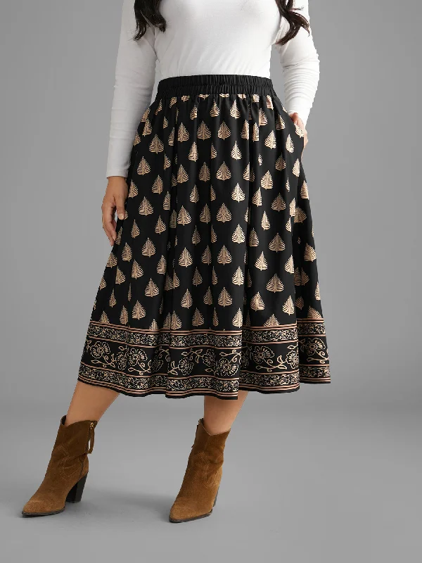 Boho Print Elastic Waist Pocket Skirt denim skirt classic