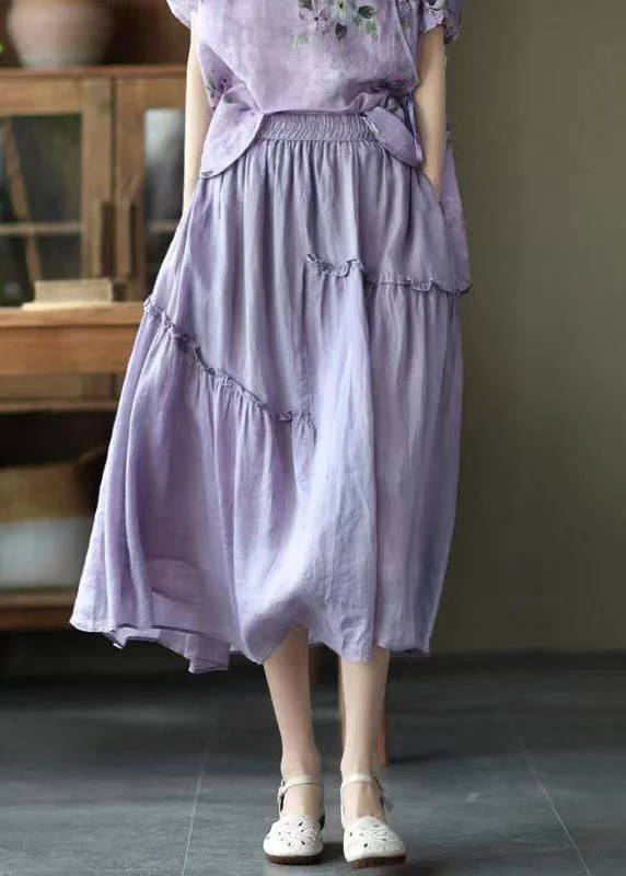 Boho Purple Elastic Waist Asymmetrical Ruffled Pockets Linen Skirt Summer lace skirt romantic