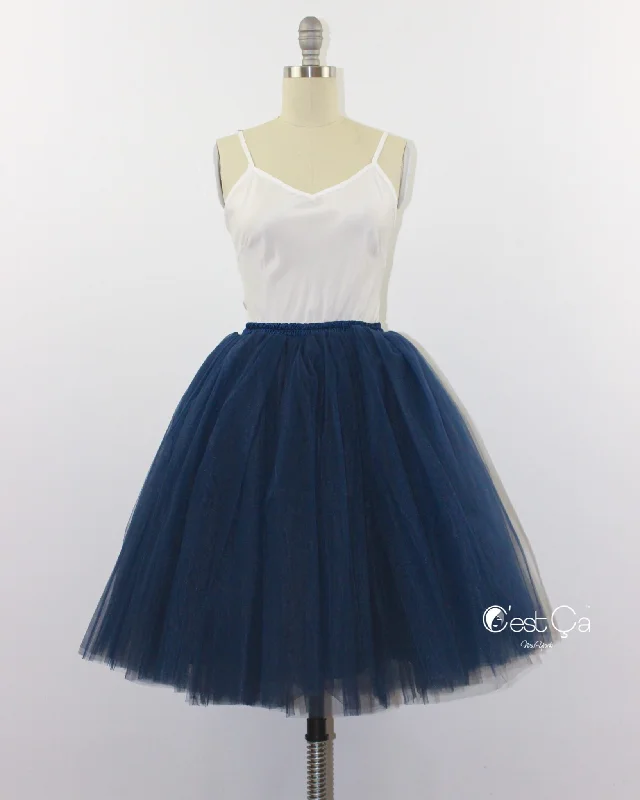 Clarisa Navy Blue Tulle Skirt - Midi slim fit skirt