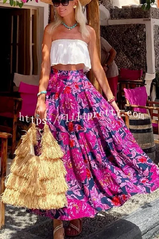 Floral Fantasy Printed High Rise  Back Elastic Waist Maxi Skirt velvet skirt luxury