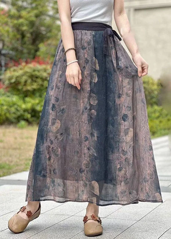 Diy Purple Wrinkled Pockets Print Patchwork Linen Skirts Summer button skirt front