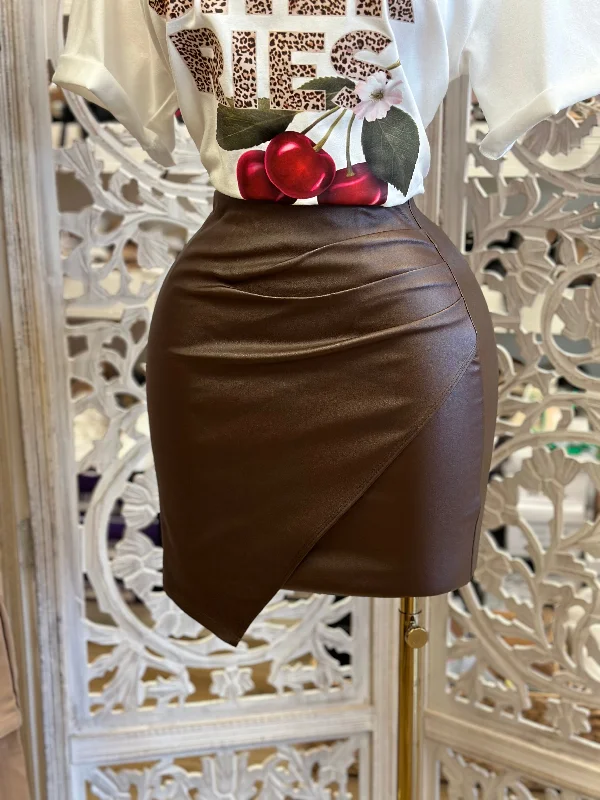 Draped Brown Mini Skirt- Estira, Stretchy chiffon skirt floaty