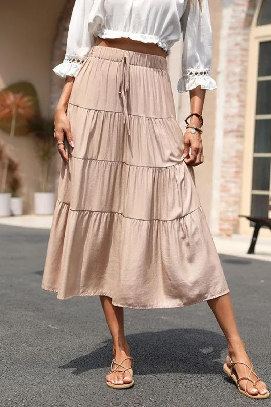 Elastic Waist Tiered Midi Skirt linen skirt breathable