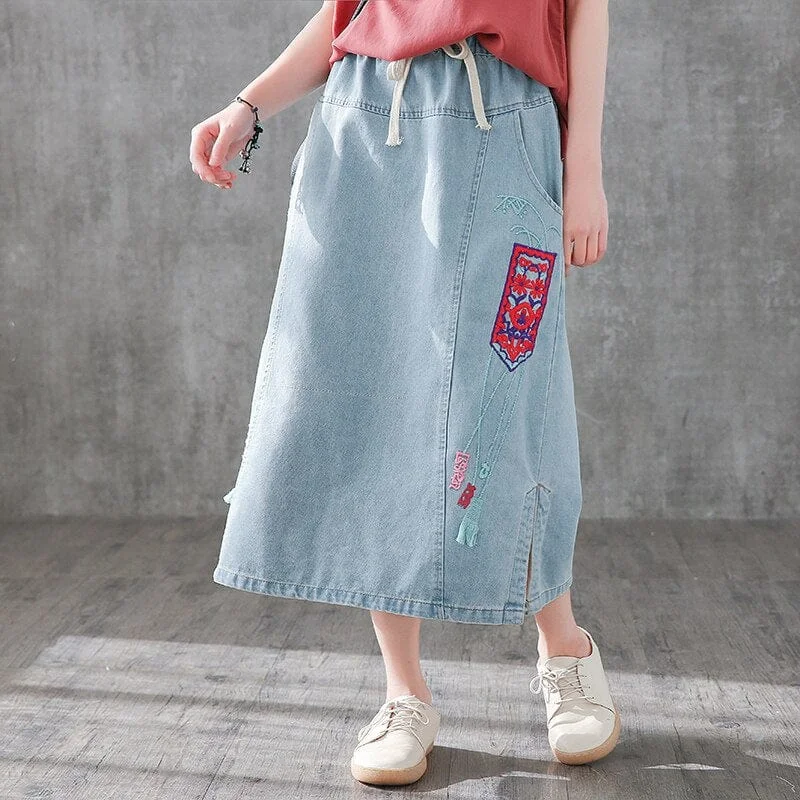 Embroidered Vintage Denim Skirt corduroy skirt cozy