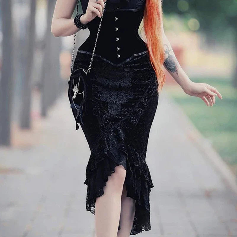 Goth Dark Vintage Mall Gothic Ruffles Mermaid Grunge Aesthetic Lace Hem Midi Women Elegant Skirt relaxed fit skirt