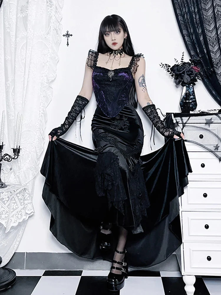 Vintage Elegant Trumpet Women Mall Goth Florals Patchwork High Waist Aesthetic Fairycore Skirt wool skirt thick
