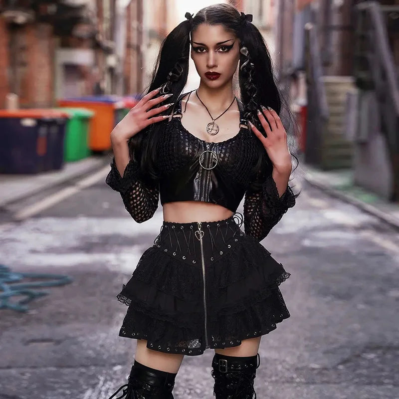 Women's Vintage High Waist Zipper Front Japanese Style Kawaii Black Harajuku Gothic Skater Mini Skirt chiffon skirt lightweight