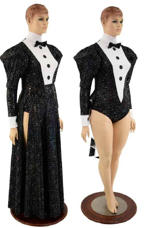 2PC Faux Tux Romper with Tails, Tie, and Turtleneck and Breakaway Skirt a-line skirt cut
