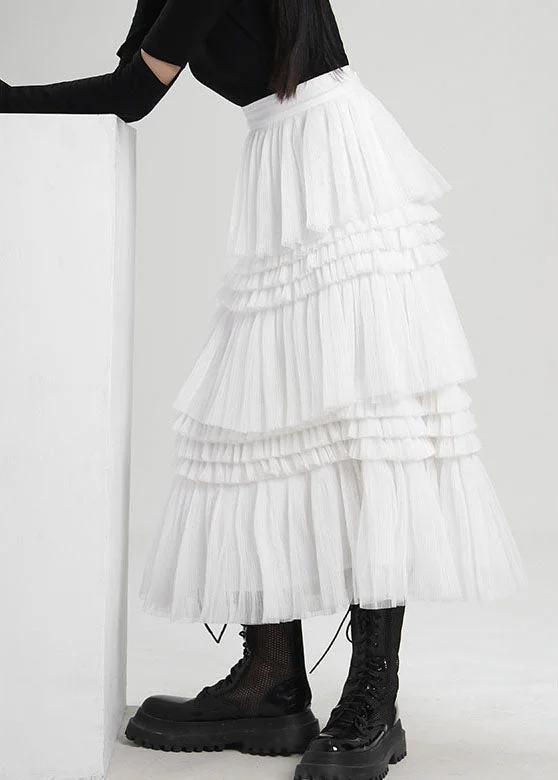 Fine White Asymmetrical wrinkled Tulle Skirts Spring corduroy skirt comfortable