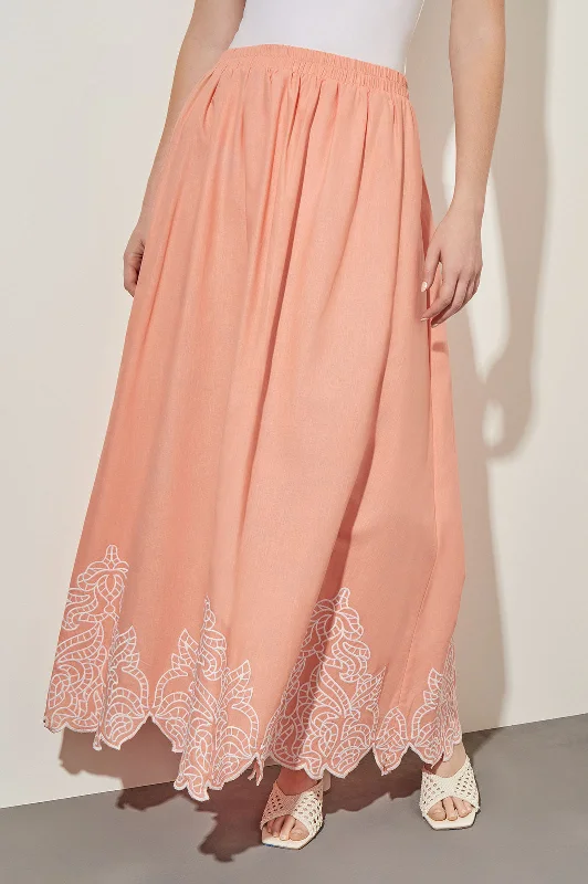 Flare Maxi Skirt - Embroidered Hem Woven silk skirt lustrous