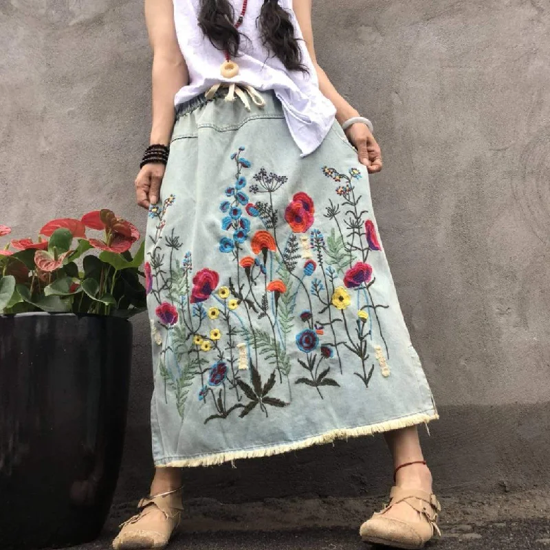 Floral Embroidered Denim Midi Skirt wool skirt sturdy