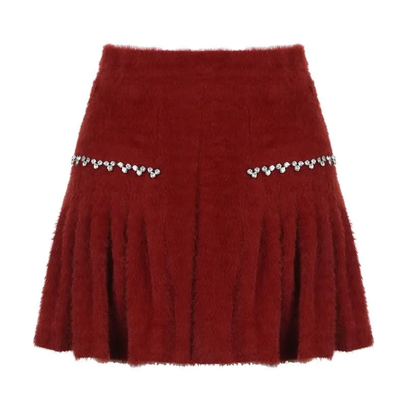 Fluffy beaded pleated mini skirt modal blend skirt