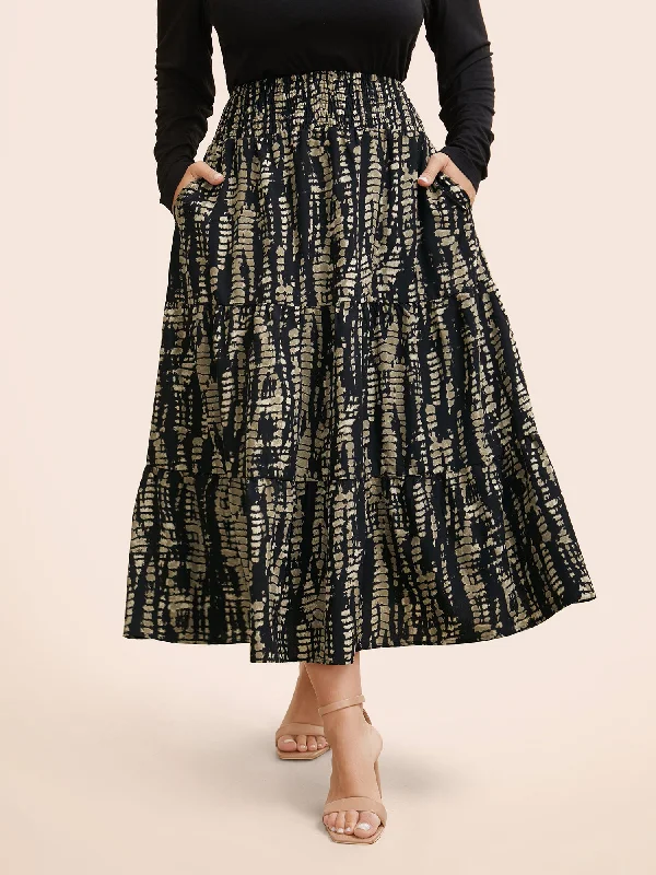 Geometric Shirred Ruffle Layered Hem Skirt ribbed skirt waist