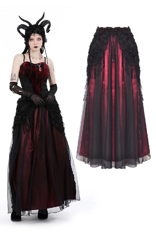 Gothic black red flower sea tasseled long skirt KW337 velvet skirt sumptuous