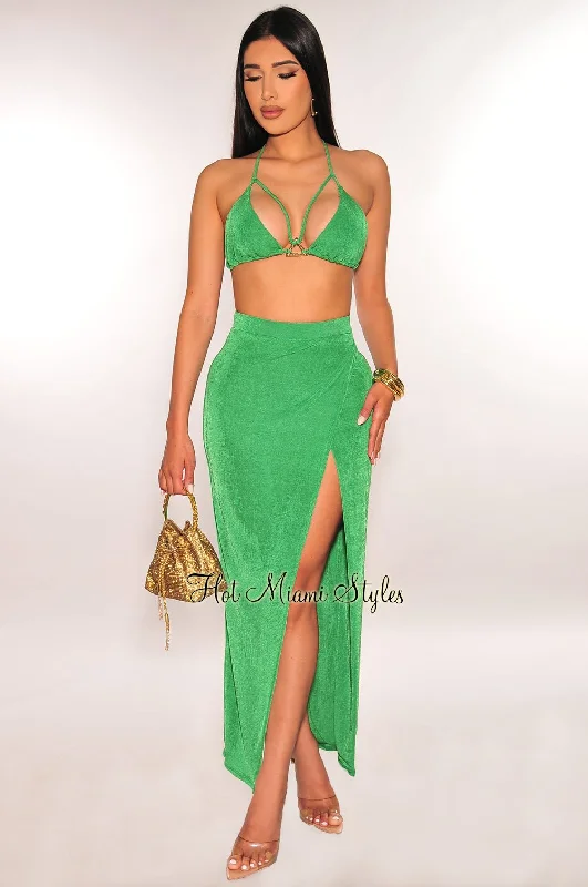 Green Gold Ring Triangle Top Slit Skirt Two Piece Set chiffon skirt flowing