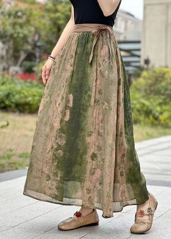 Green Pockets Print Patchwork Linen Skirts Lace Up Summer lace skirt intricate