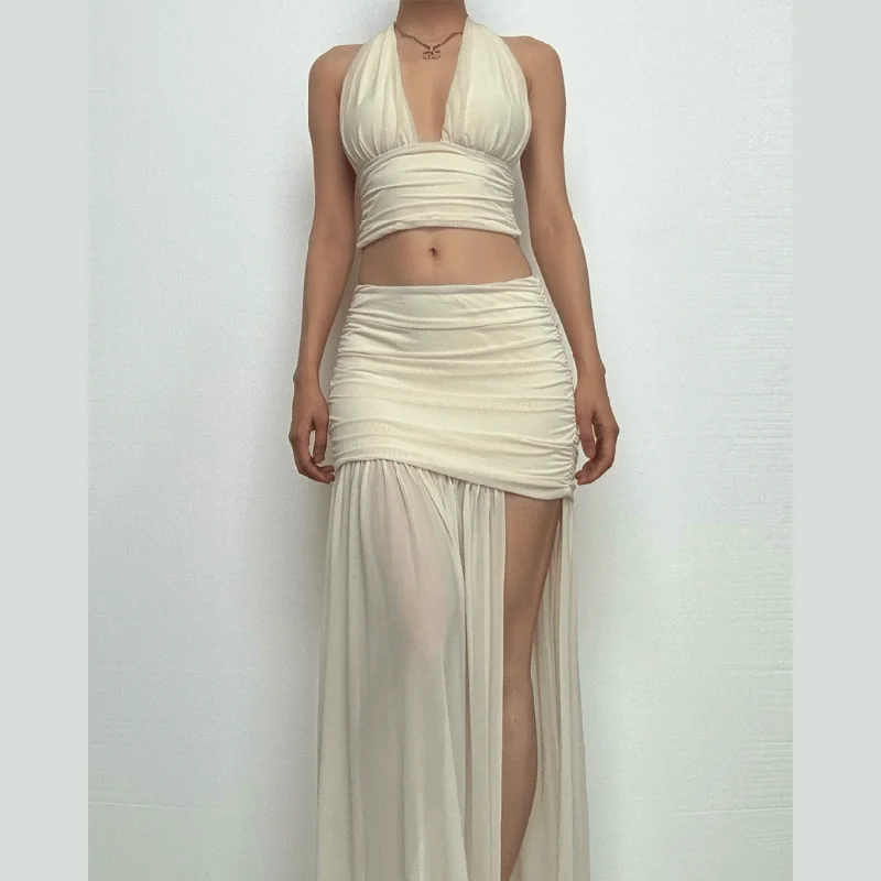 Halter ruched deep v neck high slit mesh maxi skirt set maxi skirt elegant