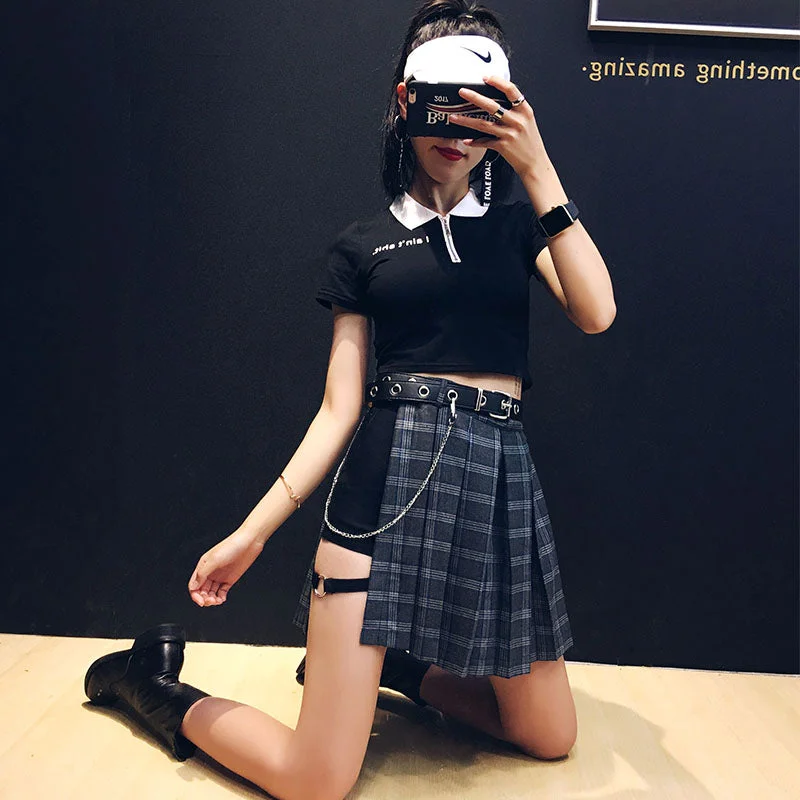 HIGH WAIST IRREGULAR PLAID SKIRT BY61074 ruffled skirt detail