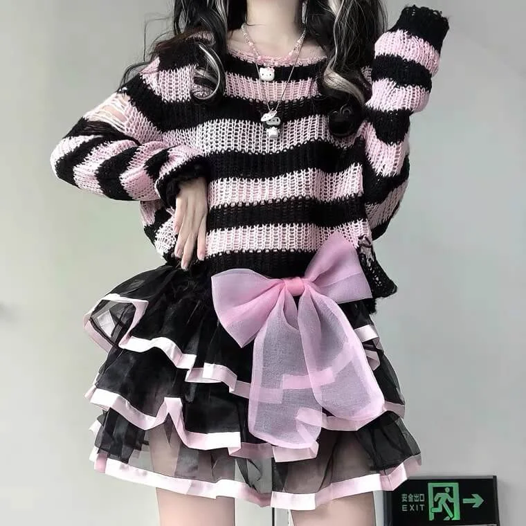 JAPANESE CUTE PUNK STRIPE KNIT SWEATER & SKIRT BY90031 belted skirt waist