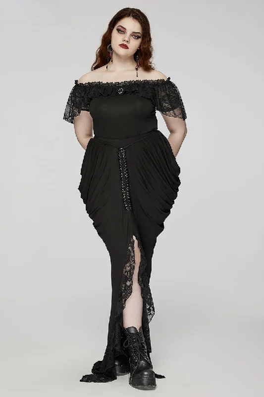 Women's Gothic Knitted and Lace Hip Side Designed Pleat Long Elegance Personality Party Skirt velvet skirt plush