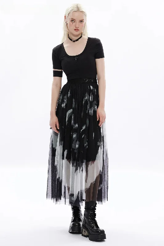 Women's Daily Tie Dyed Gauze Letter Embroidery Logo Rivet At Waist Fashion Young Lady Mid-length Skirt asymmetrical skirt cut