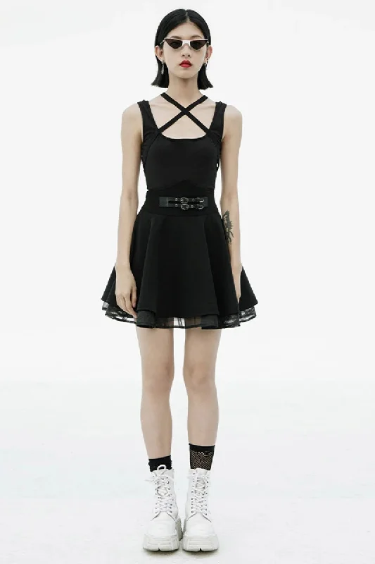 Women's Nicola Series Dark High Sun Swing Style Twill Woven Spliced Black Skirt lace skirt romantic