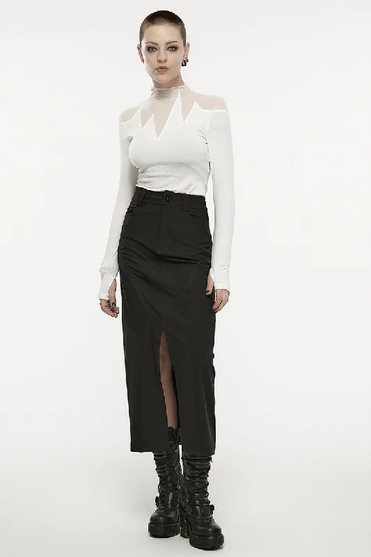 Women's V-shaped A-line Mid-length Daily Engraved Front Dark Button Metal Slit Snap Skirt asymmetrical skirt cut