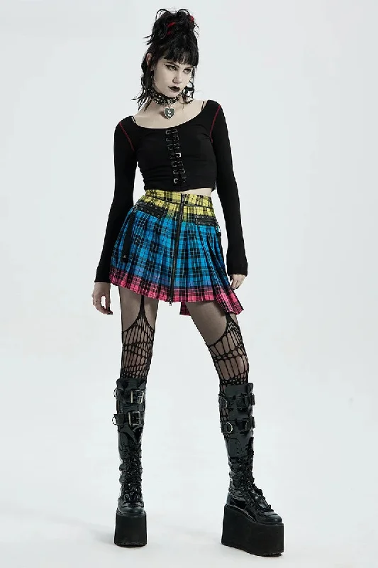 Women's Color Plaid Playful Lovely Pleated Daily Sexy Mini Half Little Ghost Head Nails Decoration Skirt flowy skirt hem