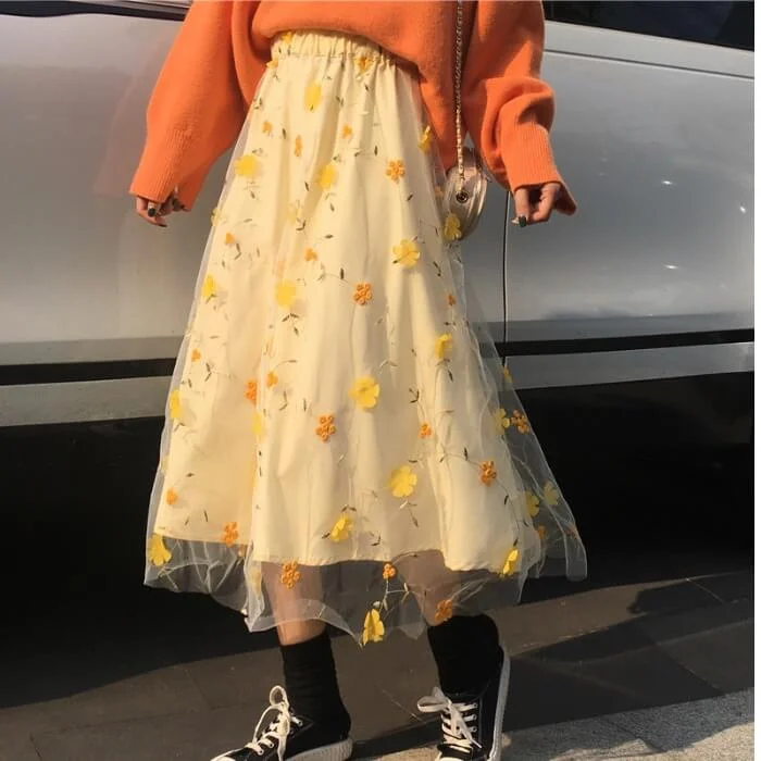 KOREAN FASHION SWEET FLOWER EMBROIDERY MESH SKIRT BY72102 tulle skirt dreamy
