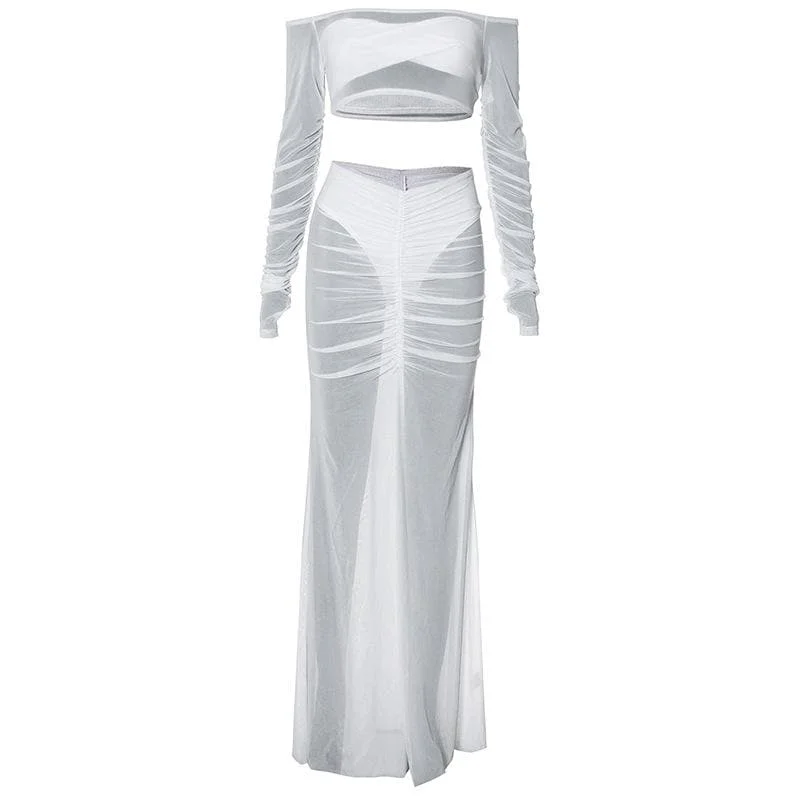 Long sleeve off shoulder ruched mesh maxi skirt set boho skirt vibe