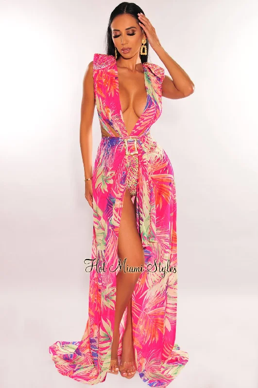 Fuchsia Tropical Print Plunge Studded Maxi Skirt Two Piece Set velvet skirt sumptuous