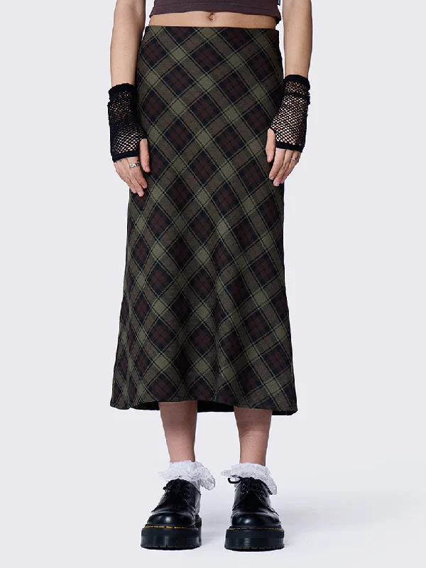 Mari Plaid Midi Skirt ruffled skirt detail