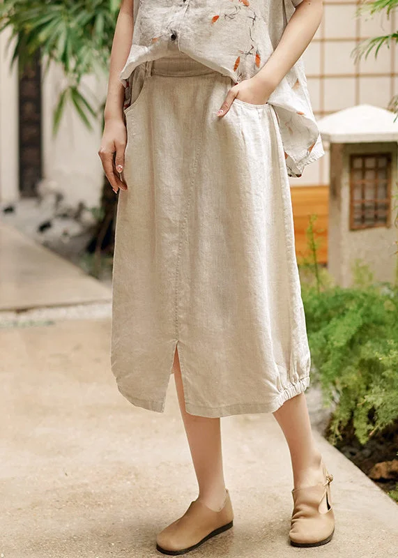 New Linen Wrinkled Pockets Elastic Waist Patchwork Linen Skirt Fall breathable skirt fabric