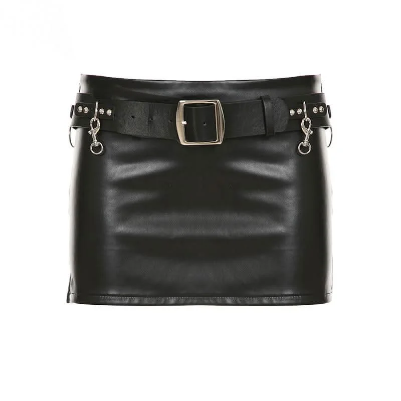 PU leather belt buckle mini skirt high slit skirt
