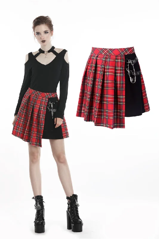 Punk red big pin pleated plaid skirt KW135RD velvet skirt plush