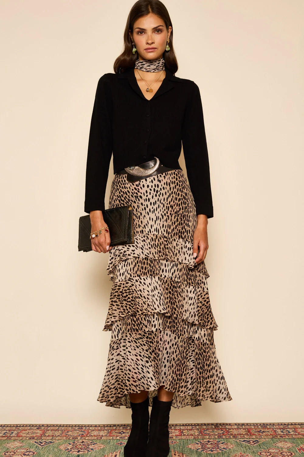 RIXO Preslee Skirt in Antelope Spot Black tiered skirt playful