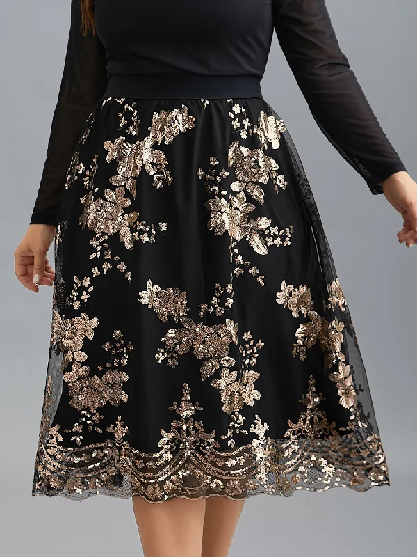 Sequin Floral Stretchy Waist Skirt wool skirt warm