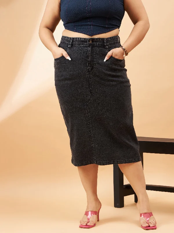 Women Black Denim Acid Wash A-Line Skirt lightweight skirt design
