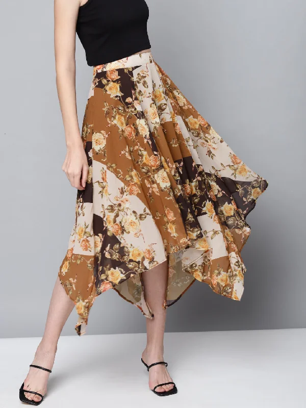 Women Brown Floral Asymmetric Midi Skirt lace skirt intricate