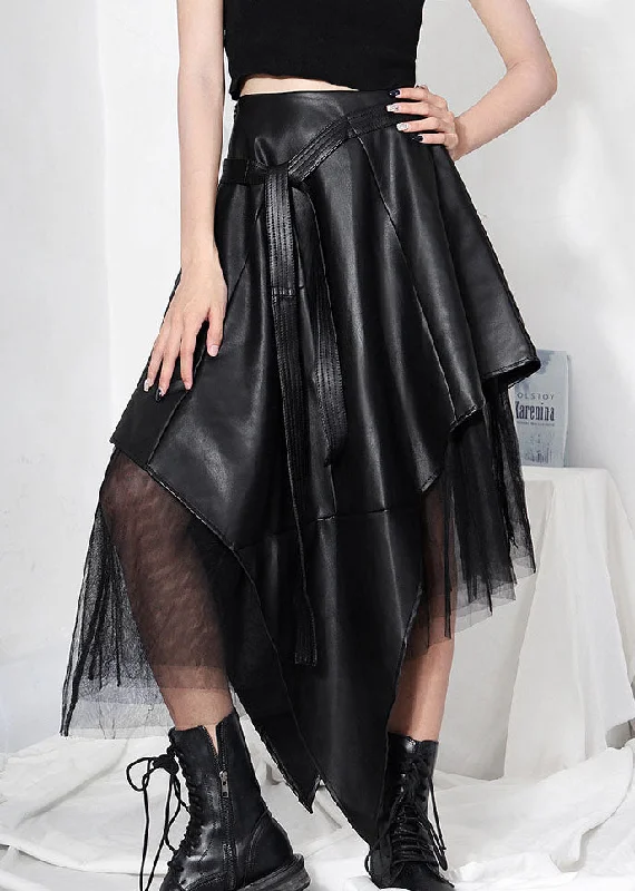 Simple Black Asymmetrical Patchwork tulle Faux Leather Skirts Spring high waist skirt Simple Black Asymmetrical Patchwork tulle Faux Leather Skirts Spring high waist skirt