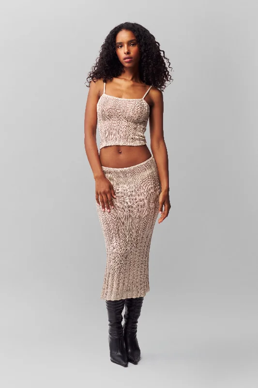 Slinky Rib Knit Midi Skirt button skirt front