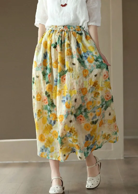 Style Yellow Pockets Elastic Waist Patchwork Linen Skirt Summer chiffon skirt airy