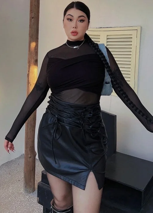 Tanya Solid Color Black Pu Leather Lace Up Slim Side Slit Mini Skirt wrap skirt elegant Tanya Solid Color Black Pu Leather Lace Up Slim Side Slit Mini Skirt wrap skirt elegant