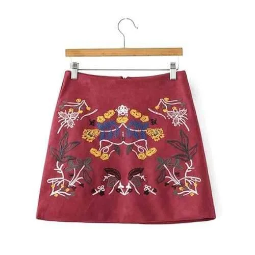 Faux Suede Skirt with Embroidery - Wine Red M linen skirt natural