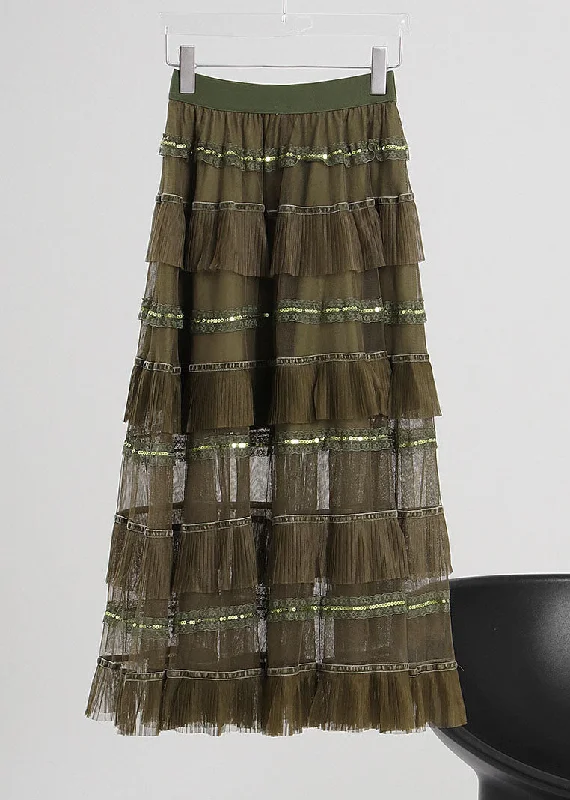Unique Green elastic waist Tulle a line skirts Spring leather skirt sleek