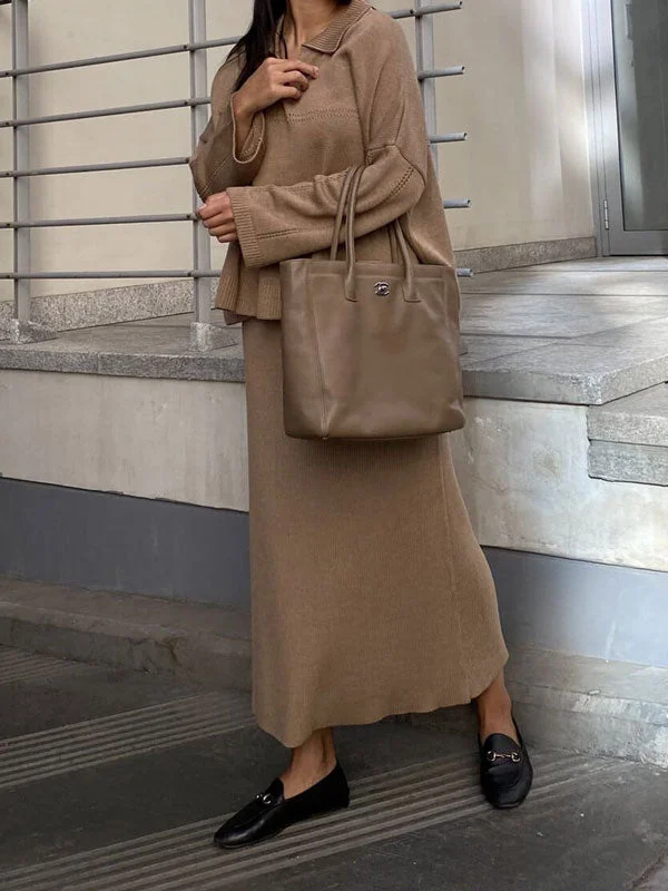 V Neck Sweater & Knit Long Skirt Set denim skirt casual