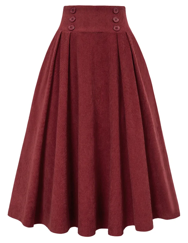Vintage Corduroy Skirt Elastic High Waist Buttons Decorated Swing Skirt with Pockets lace skirt feminine